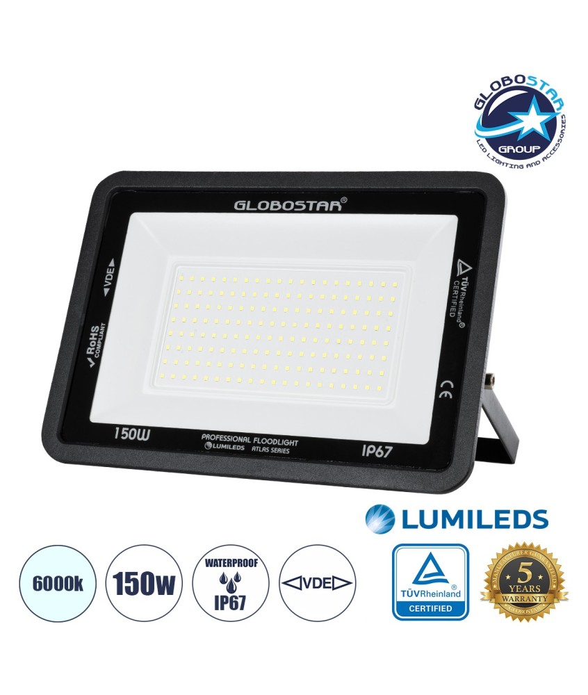 GLOBOSTAR® ATLAS 61428 Προβολέας LED 150W 18750lm 120° AC 220-240V Αδιάβροχο IP67 Ψυχρό Λευκό 6000K - Lumileds SMD Chip - TÜV Rheinland Certified - Μαύρο Ματ - Μ32 x Π4 x Υ23cm - 5 Χρόνια Εγγύηση